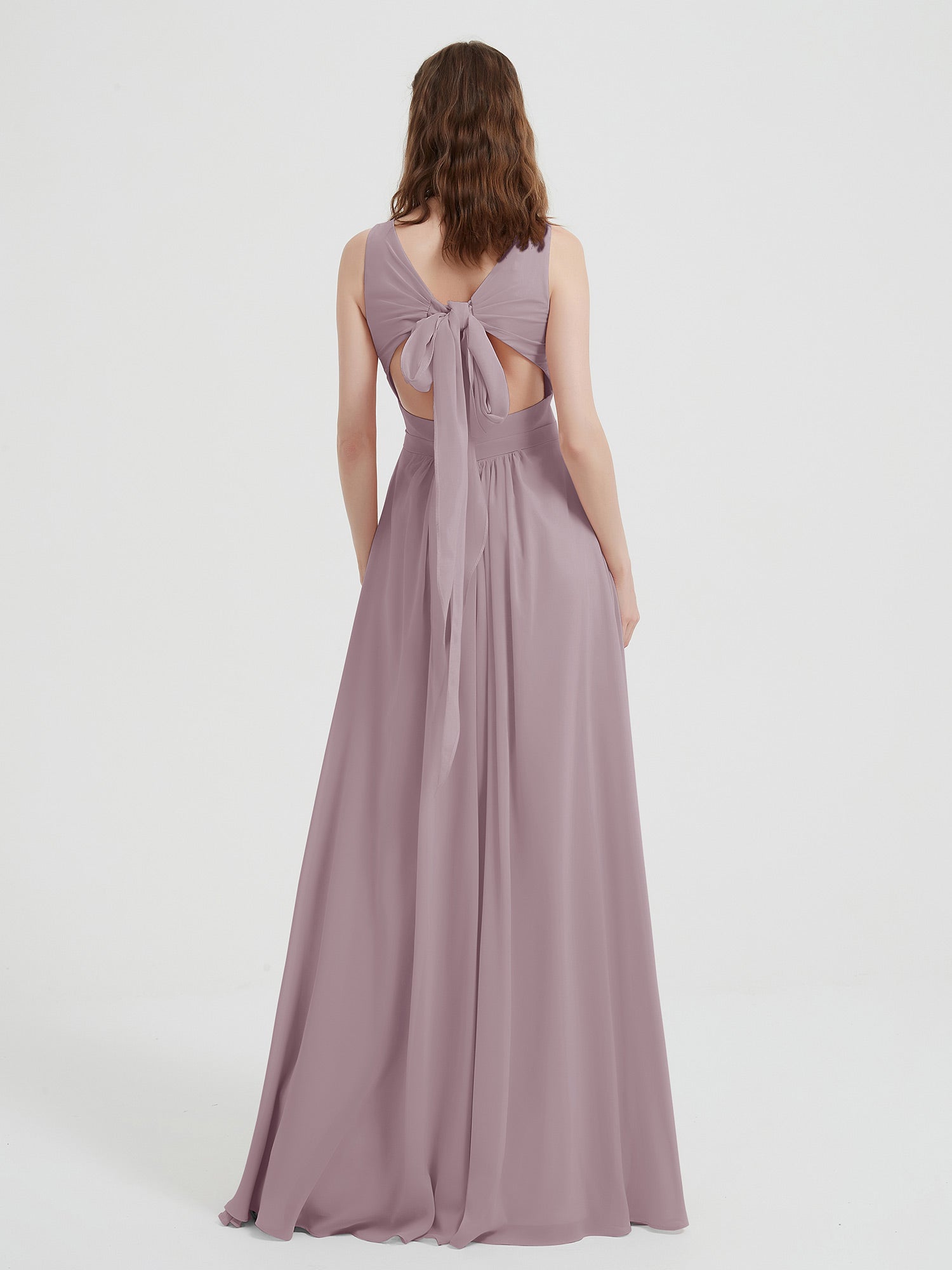 V-neck Chiffon Bridesmaid Dress with Bow Back Dusk